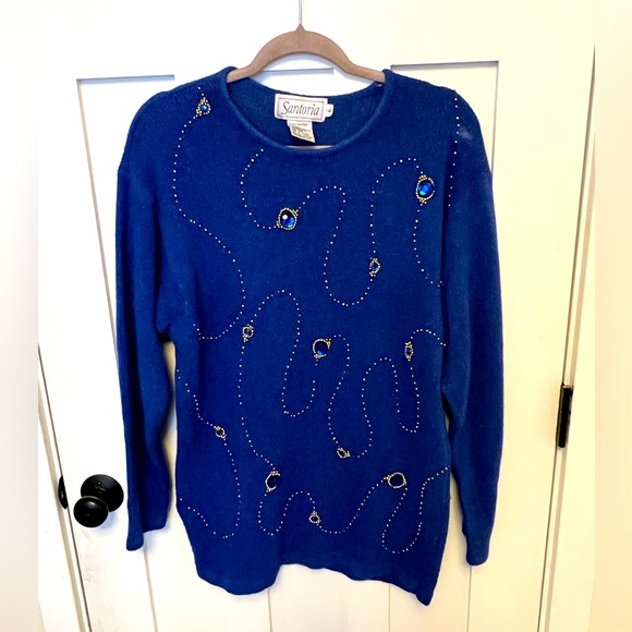 Santoria Vintage cobalt Blue Silk Blend Sweater Beaded Size Large - Picture 1 of 4